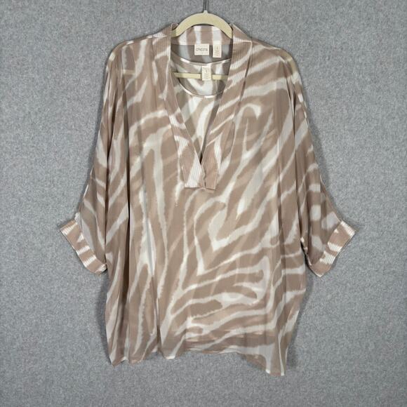 Chicos Blouse Tan Medium Sheer Animal Flowy Lagenlook Artsy Popover Neutral Tank - Picture 1 of 12